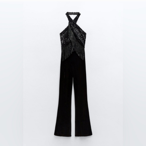 ❌️SOLD❌️FRINGED SEQUIN HALTER NECK JUMPSUIT SIZE S - Picture 9 of 11
